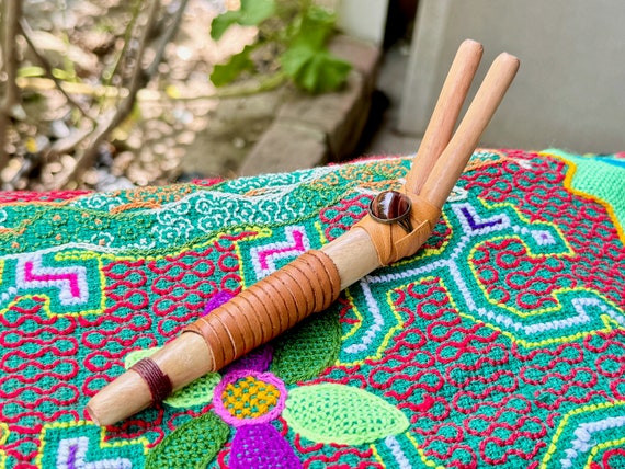 Double Tepi Pipe with Vibrant, Red Tiger's Eye, Natural Teak Wood Double Tepi, Handcrafted Traditional Shamanic Applicator Pipe