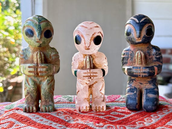 Extraterrestrial Alien Statue with Cactus, Hand Carved from Native Peruvian Onyx, Serpentine & Quartz, Choose ONE of Three