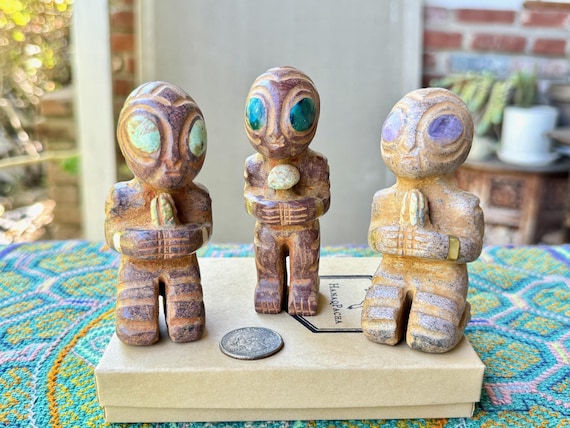 Ancient Extraterrestrial Statuette with Cactus and Mushroom, Hand Carved from Native Stone in Peru's Sacred Valley by Artist Ruben Layme