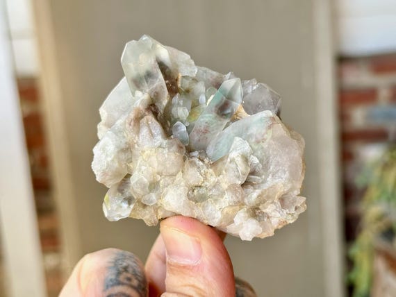 Green Chlorite Phantom Quartz, Self-Standing Cluster, 141g, Red Hematite Inclusions, Minas Gerais, Brazil X845