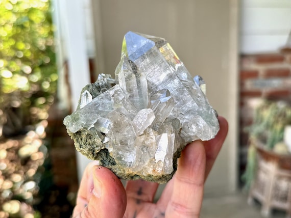 Himalayan Quartz with Green Chlorite, Water Clear, 318g, New Find, High Altitude Crystal, Heart Chakra & Purification, India V291