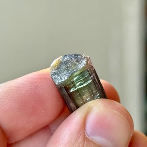 May include: A close-up of a raw, natural tourmaline crystal. The crystal is a cylindrical shape, with a dark brown base that transitions to a translucent green and a gray, textured top. The crystal is held in a person's hand.
