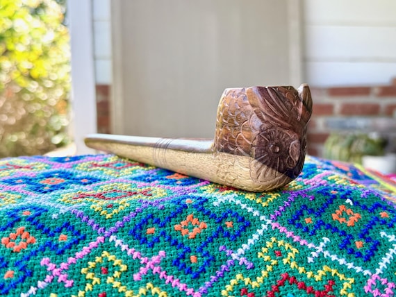 Shaman Owl Pipe, Traditional Wooden Tobacco Pipe for Shamanic Ceremony, Hand Carved Ceremonial Pipe