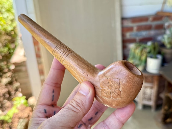 Tobacco Pipe with Flower & Vine, MINOR SCRATCH and DENT, Traditional Solid Wood Mapacho Pipe for Shamanic Ceremony, Hand Carved Wood Pipe