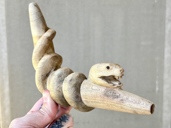 Serpent Tepi Pipe, Solid Wood Snake Tepi with Beautiful Detail, Hand Carved from a Single Piece of Native Wood