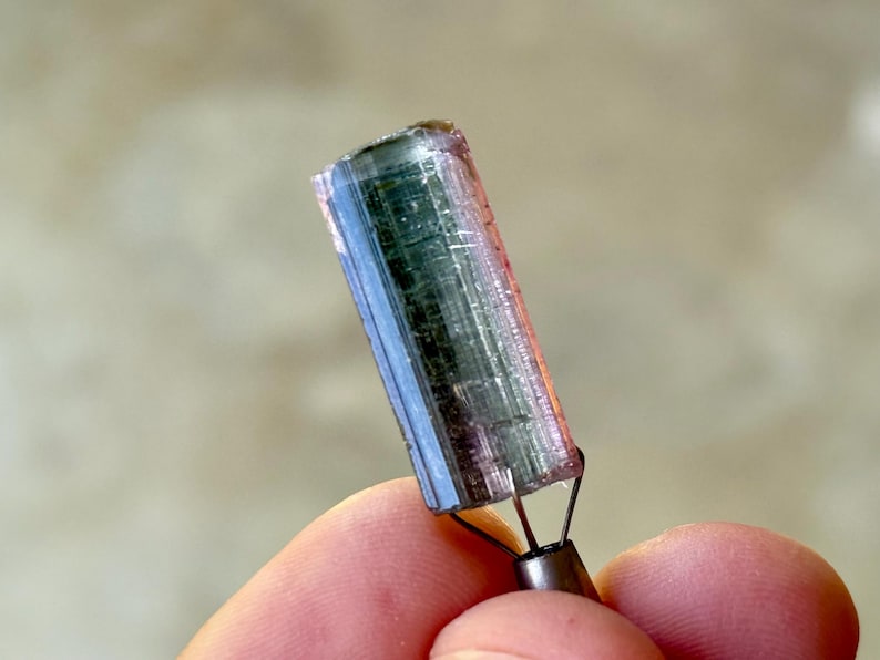 May include: A multi-colored tourmaline crystal, held by a metal tool. The crystal displays bands of blue, green, and pink hues. The gemstone is cylindrical and appears to be translucent, with visible internal structures. The background is blurred, emphasizing the crystal's details.