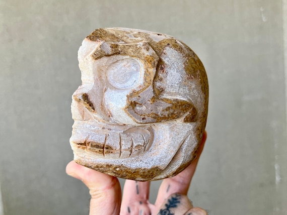 Carved Stone Skull, Stone and Quartz Crystal Skull Geode from Peru, Rare Old Stock Crystal Skull Carving, Made in Cusco, Peru (PS1)