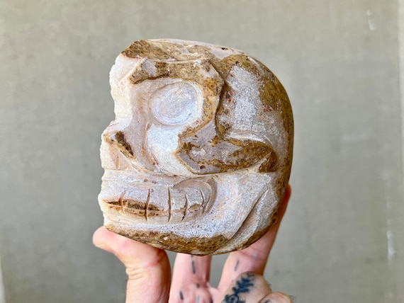 Carved Stone Skull from Peru, 1.6 Kilo, Rare Old Stock, Stone and Quartz Crystal Skull Geode, Peru’s Sacred Valley PS1