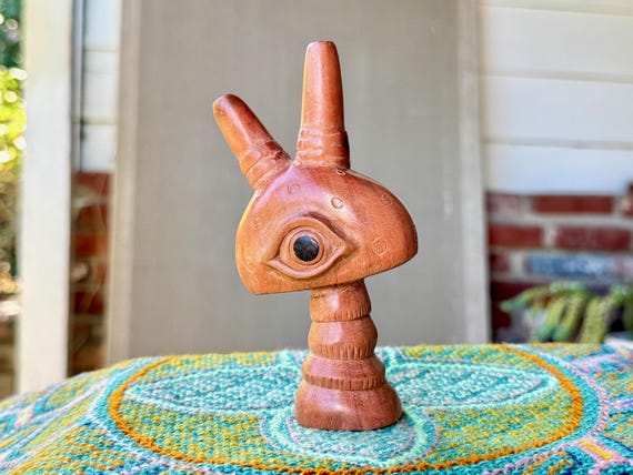 Kuripe, Mystical Eye Mushroom Design, Traditional Shamanic Applicator Pipe, Hand Carved from a Single Piece of Sawo Wood