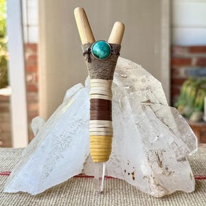Kuripe with Turquoise & Lemurian Quartz, MINOR SCRATCH and DENT, Traditional Shamanic Applicator Pipe, Handcrafted from Natural Hardwood