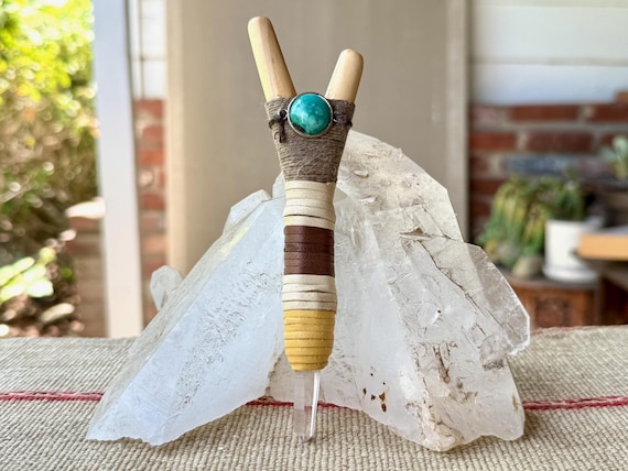 Kuripe with Turquoise & Lemurian Quartz, MINOR SCRATCH and DENT, Traditional Shamanic Applicator Pipe, Handcrafted from Natural Hardwood