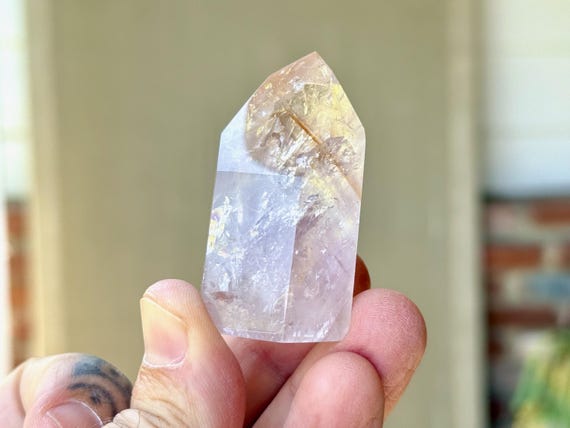 Powellite Phantom Quartz with Ametrine, UV Reactive & Self-Standing, 53g, Channeling Formation, Bahia, Brazil T219