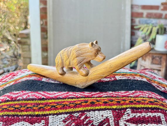 Bear Totem Tepi Pipe, Solid Wood Traditional Shamanic Applicator Pipe, Hand Carved from a Single Piece of Teak Wood
