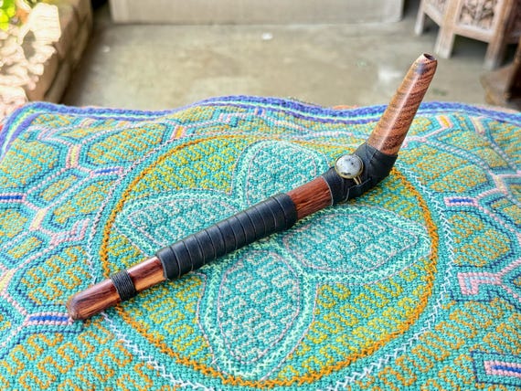 Tepi Pipe with Kiwi Jasper, Traditional Shamanic Applicator Pipe, Handcrafted from Solid Dark Hardwood