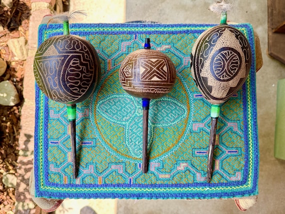 Shaman Rattle from Peru, Traditional Shipibo Gourd Rattle for Shamanic Ceremony, Handmade in Pucallpa