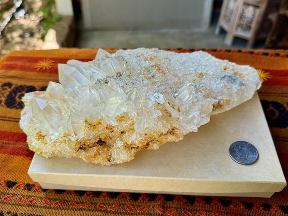 Golden Healer Quartz Cluster with Black Tourmaline Inclusions, 1.6 Kilo, Aesthetic Plate Formation for Display, Minas Gerais, Brazil W639