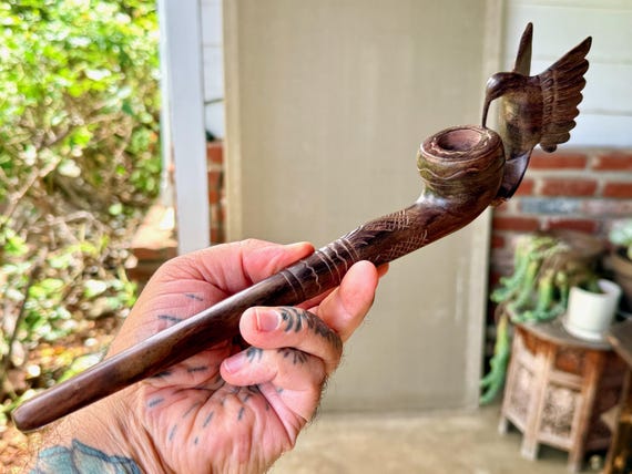 Hummingbird Pipe, Traditional Wooden Tobacco Pipe for Shamanic Ceremony, Hand Carved from Natural Tropical Hardwood