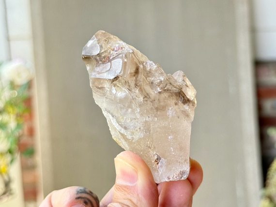 Elestial Smoky Quartz with Hints of Golden Mica, Rose Quartz and Feldspar, Old Find, Aracuai, Minas Gerais, Brazil W291