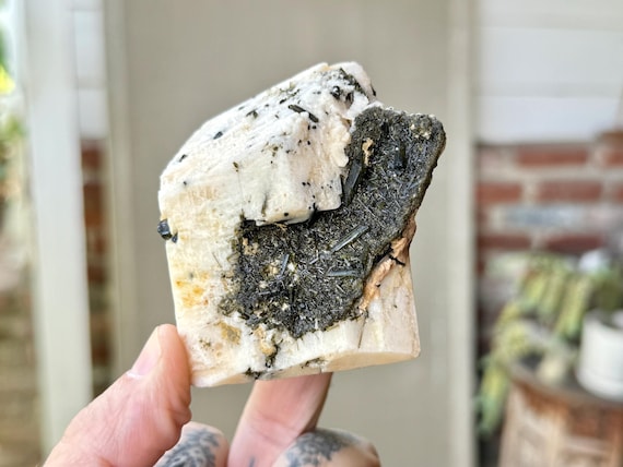 Feldspar with Green Tourmaline, 261g, Heart Chakra Crystal, Empowerment and Self-Love, Aricanga Mine, Minas Gerais, Brazil W623