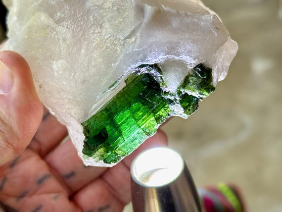 Elestial Quartz with Green Tourmaline, 458g, Custom Stand Included, Coronel Murta, Minas Gerais, Brazil V329