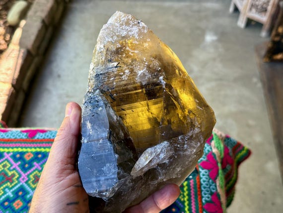 Smoky Tessin Citrine, Black Tourmaline & Lemurian Striations, 2.4 Kilo, Mother and Child Formation, Minas Gerais, Brazil W014