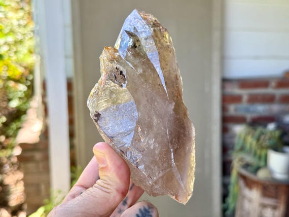 Elestial Smoky Cathedral Quartz, Mild Citrine & Green Chlorite Inclusion, 555g, Self-Healed Formation, Aracuai, Minas Gerais, Brazil V042