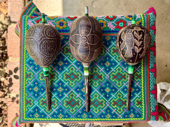 Shaman Rattle, Choice of Traditional, Flower or Hummingbird, Handmade Shipibo Gourd Rattle, Pucallpa, Peru