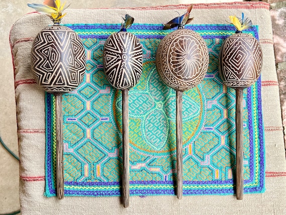 Shaman Rattle, Traditional Shipibo Rattle for Shamanic Plant Medicine ceremony, Amazonian Gourd Rattle, Made In Peru