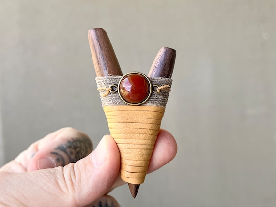 Kuripe with Carnelian, Traditional Shamanic Applicator Pipe, Handcrafted from Natural Dark Wood