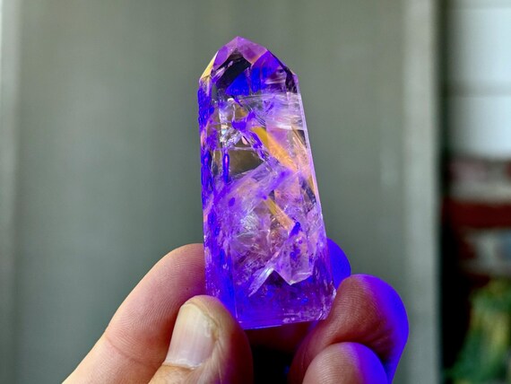 Powellite Phantom Quartz with Ametrine, UV Reactive & Self-Standing, 40g, New Find, Channeling Formation, Bahia, Brazil T319