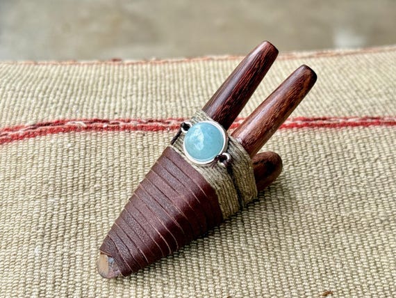 Double Kuripe Pipe with Aquamarine, Natural Tamarind Wood Dual Kuripe, Handcrafted Shamanic Applicator Pipe