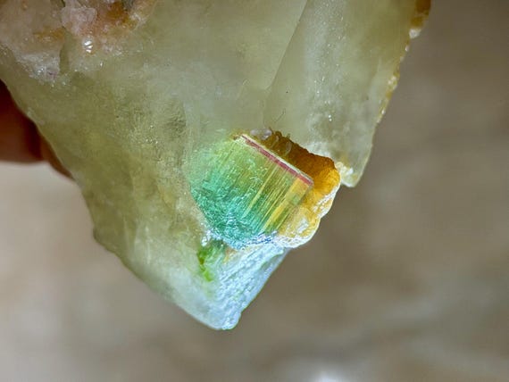 Unicorn Stone Quartz with Bicolor Tourmaline, 438g, Blue-Green Tourmaline with Pink Cap, Coronel Murta, Minas Gerais, Brazil V453
