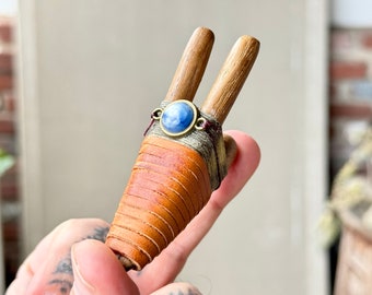 Double Kuripe Pipe, Handcrafted Natural Wood Double Barrel Kuripe with Blue Kyanite, Shamanic Applicator