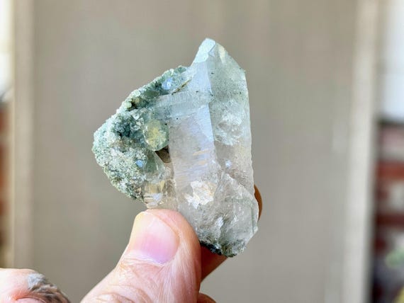 Himalayan Quartz Cluster with Green Chlorite, 50g, New Find, High Altitude Quartz for Heart Healing and Purification, India S161