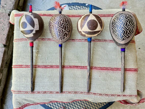Shipibo Gourd Rattle from the Peruvian Amazon, Choice of FOUR Designs with Chakana, Traditional Shaman Rattle for Ceremony