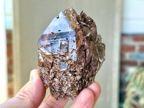 Smoky Quartz with Red Epidote (Piemontite), 326g, Growth Interference Quartz, Minas Gerais, Brazil W019