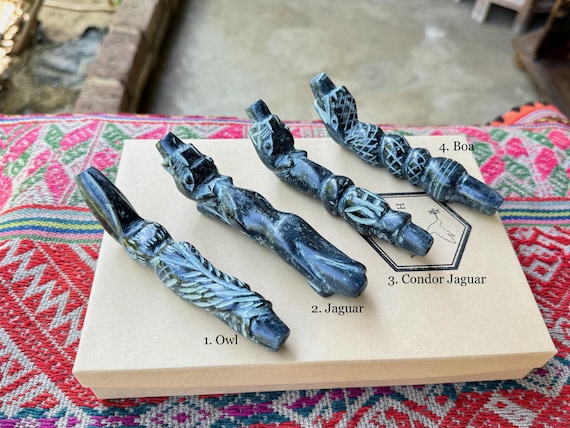 Stone Tepi Pipe, Choice of Owl, Jaguar, Condor or Boa, Traditional Shamanic Applicator, Handmade from Native Serpentine Stone in Peru