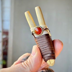 Double Kuripe, Handcrafted Natural Light Wood Kuripe with Vibrant Carnelian Agate, Shamanic Applicator Pipe