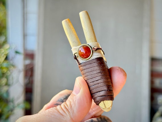 Double Kuripe, Handcrafted Natural Light Wood Kuripe with Vibrant Carnelian Agate, Shamanic Applicator Pipe