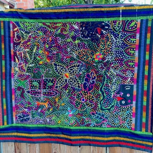 Shipibo Tapestry - Jungle Spirits with Jaguar, Butterfly, and Serpent, Large Size 52&quot; x 58&quot;, Shamanic Art for Ceremony Space, Pucallpa, Peru