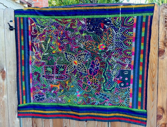 Shipibo Tapestry - Jungle Spirits with Jaguar, Butterfly, and Serpent, Large Size 52" x 58", Shamanic Art for Ceremony Space, Pucallpa, Peru