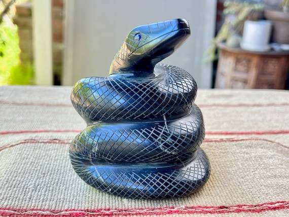 Onyx Snake Statue, Hand Carved from Native Stone in Peru's Sacred Valley, Black Serpent for Shamanic Mesa by Indigenous Artist Ozwaldo Perez