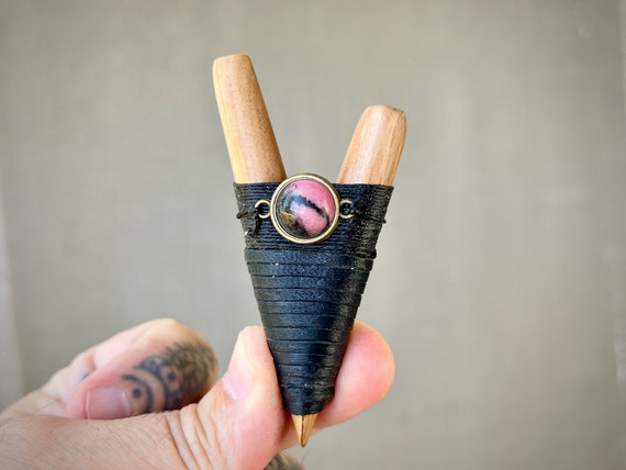 Natural Wood Kuripe with Pink and Black Rhodonite, Traditional Handcrafted Shamanic Self-Applicator Pipe