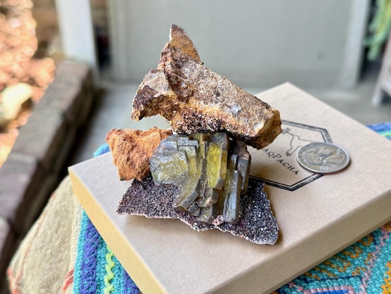 Golden Barite on Matrix, Self-Standing, 206g, New Find, Yellow Barite in Tabular Formation, Crown Chakra, Miraflores, Huanuco, Peru W242