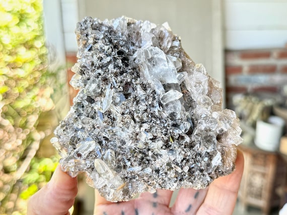 Himalayan Samadhi Quartz with Black Tourmaline, Self-Standing, 649g, High Altitude Crystal, Pure Vibration, India W173