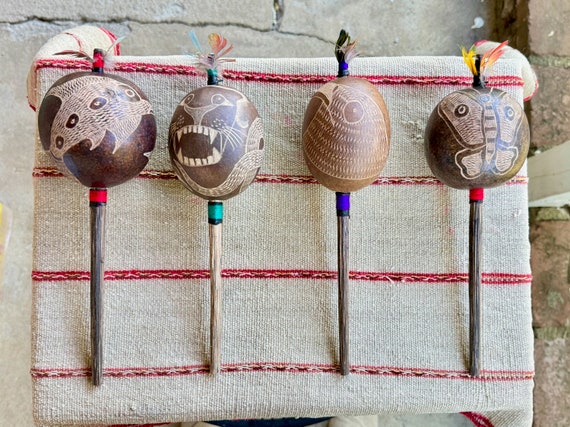 Shaman Rattle with Dolphin, Condor, Jaguar or Butterfly, Traditional Shipibo Rattle for Shamanic Ceremony, Made In the Peruvian Amazon