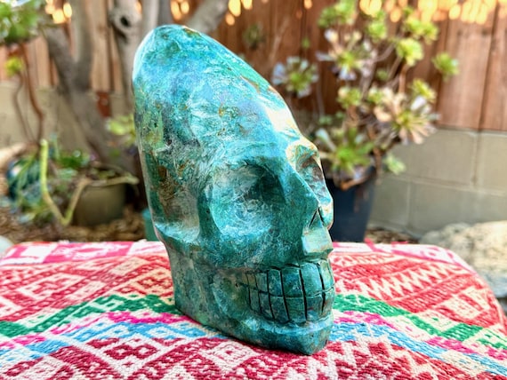 Chrysocolla Alien Skull, Elongated Extraterrestrial Head, Hand Carved in Peru