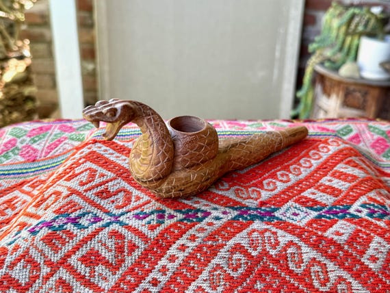 Snake Totem Pipe, Traditional Wood Tobacco Pipe for Shamanic Ceremony, Hand Carved from Tropical Hardwood