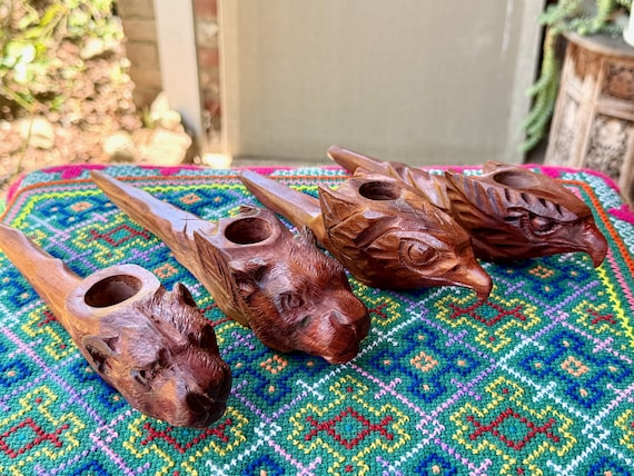 Jaguar & Eagle Shaman Pipe, Hand-Carved Wooden Tobacco/Mapacho Pipe for Shamanic Ceremony, Handmade in Pucallpa, Peru