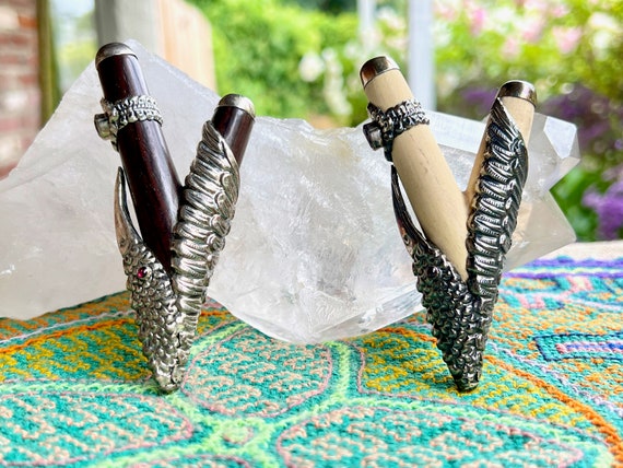 Silver Hummingbird Kuripe, Your Choice of Two Styles, Silver and Wood Kuripe with Garnet and Amethyst, Shamanic Self-Applicator Pipe